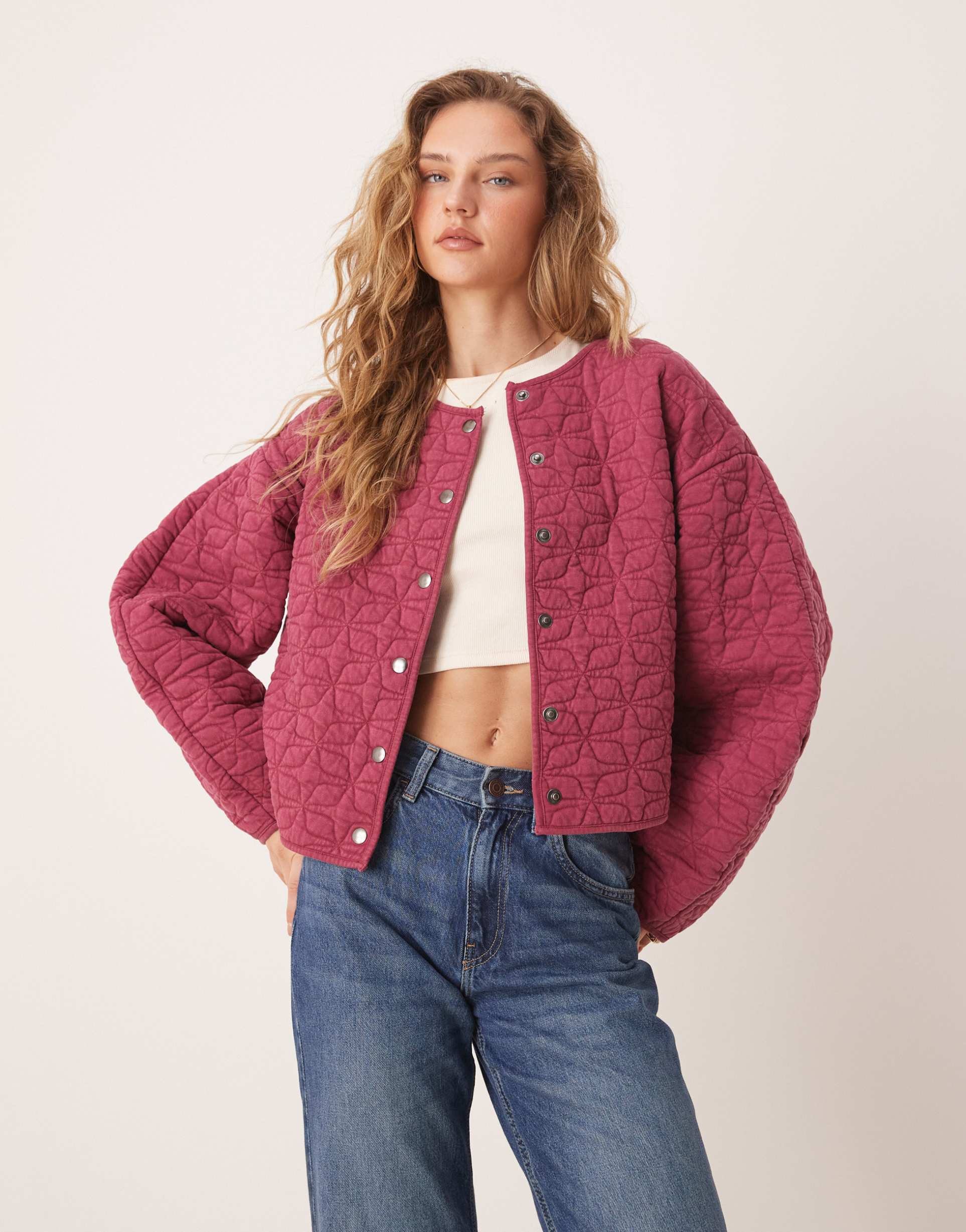 asos design oversized washed quilted jacket with cocoon sleeves in washed burgundy