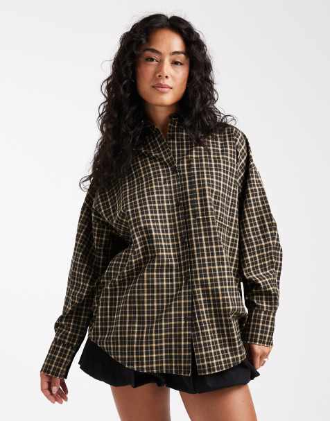 ASOS DESIGN oversized washed shirt in brown plaid - view 1