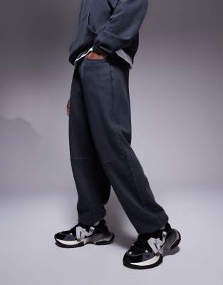 oversized washed sweatpants with contrast stitching in washed black-Gray