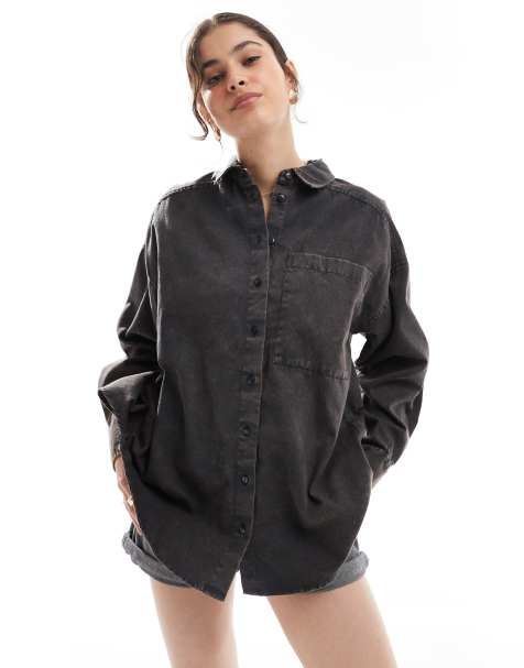 ASOS DESIGN oversized washed twill shirt in charcoal - view 1