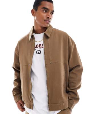 Asos Design Oversized Washed Harrington Jacket In Brown