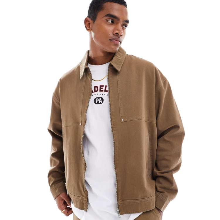 ASOS DESIGN oversized washed worker jacket in brown - part
