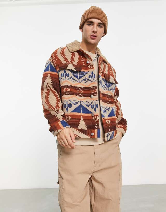 ASOS DESIGN - oversized western aztec print jacket with borg collar