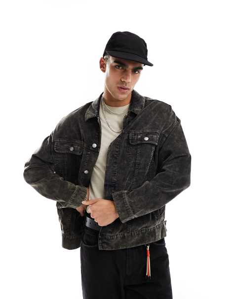 Men's Black Denim Jacket, Red Plaid Long Sleeve Shirt, White Crew-neck T- shirt, Black Jeans