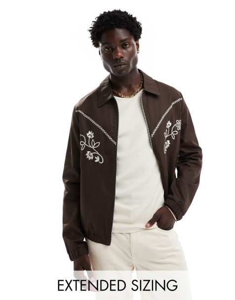 ASOS DESIGN oversized western harrington jacket with embroidery in brown - view 1