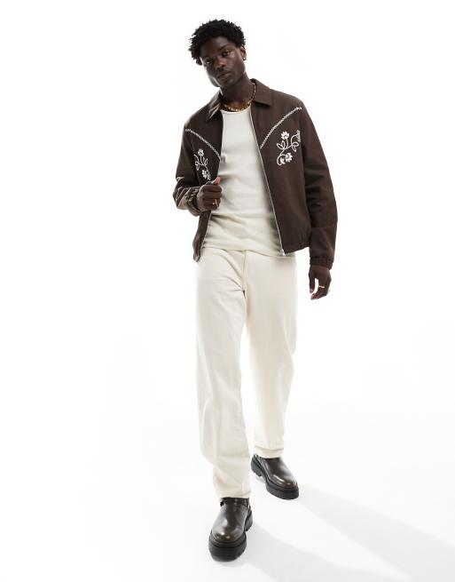 ASOS DESIGN oversized western harrington jacket with embroidery in brown, 3 of 4