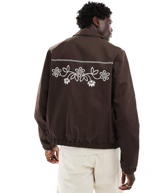 ASOS DESIGN oversized western harrington jacket with embroidery in brown, 4 of 4