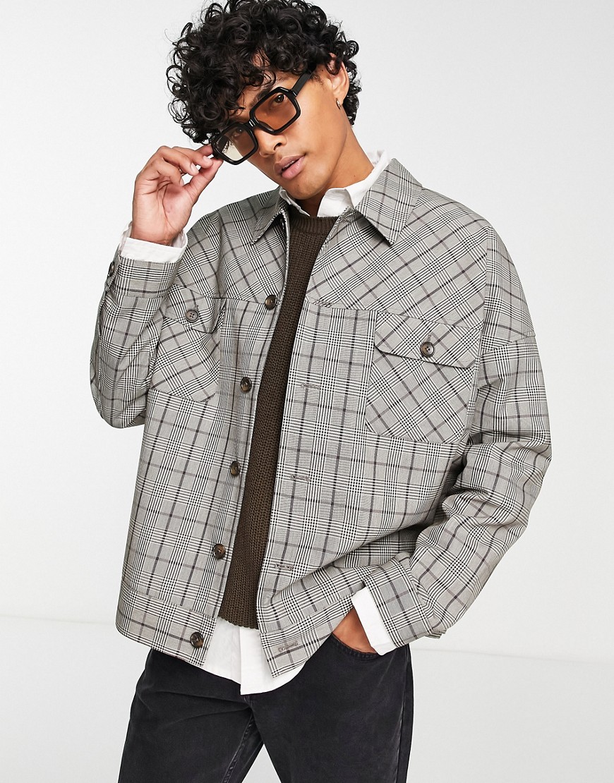 ASOS DESIGN oversized western jacket in check-Gray