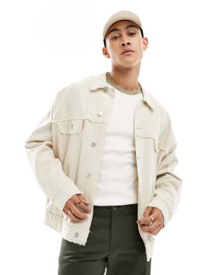 Asos Design Oversized Western Jacket With Textured Seams In Stone-neutral