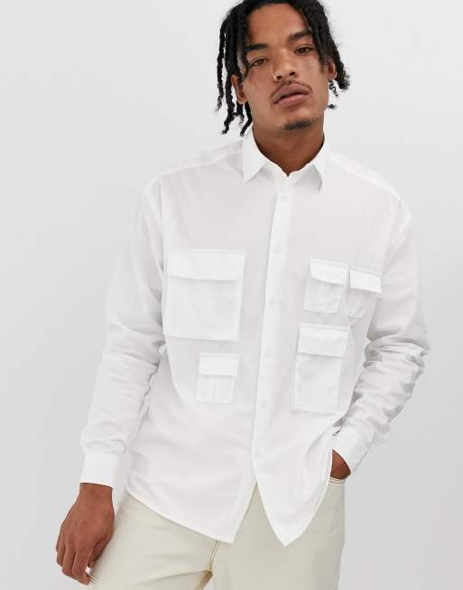 ASOS DESIGN oversized white poplin shirt with utility pockets in white ...