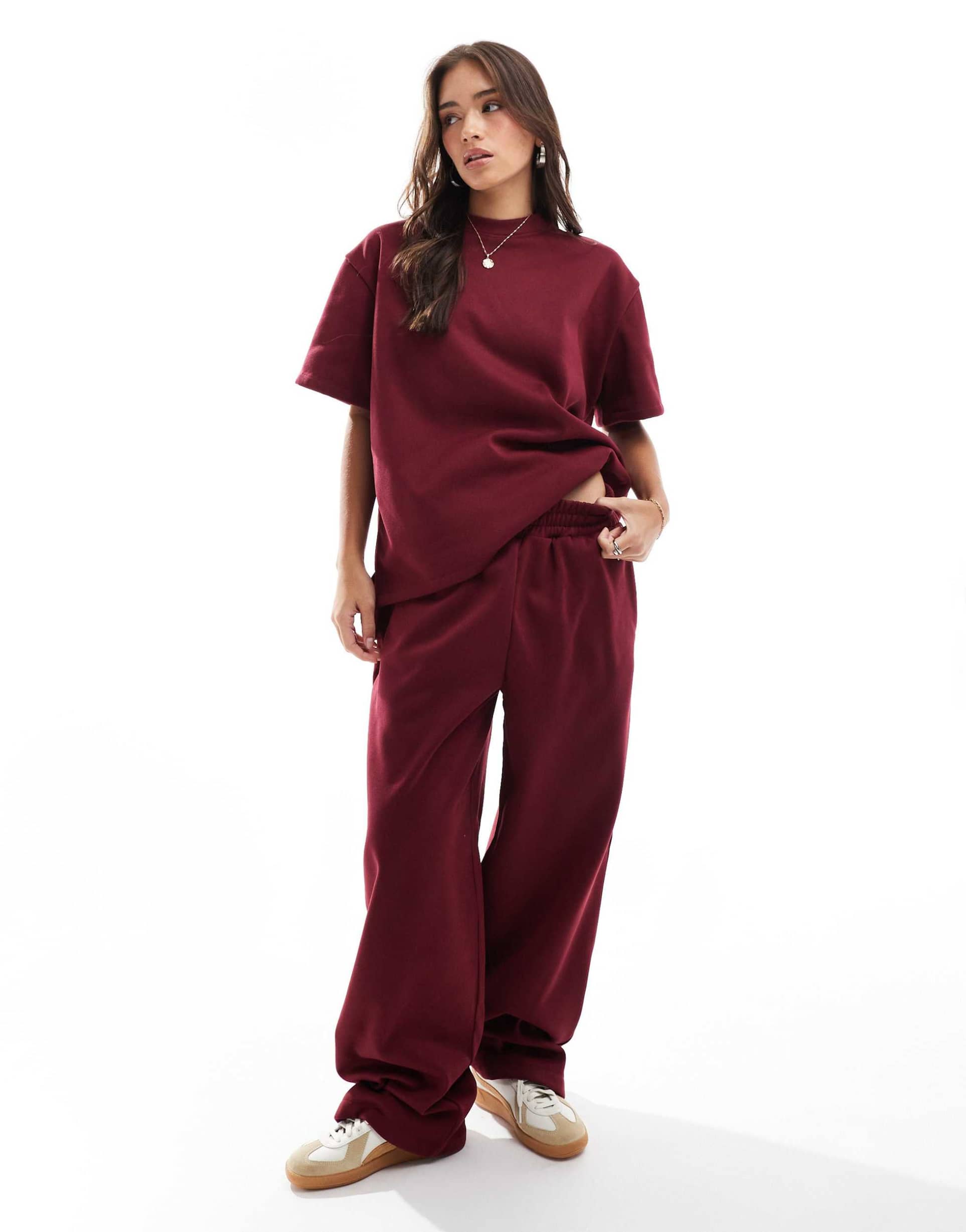asos design oversized wide leg sweatpants in burgundy - part of a set