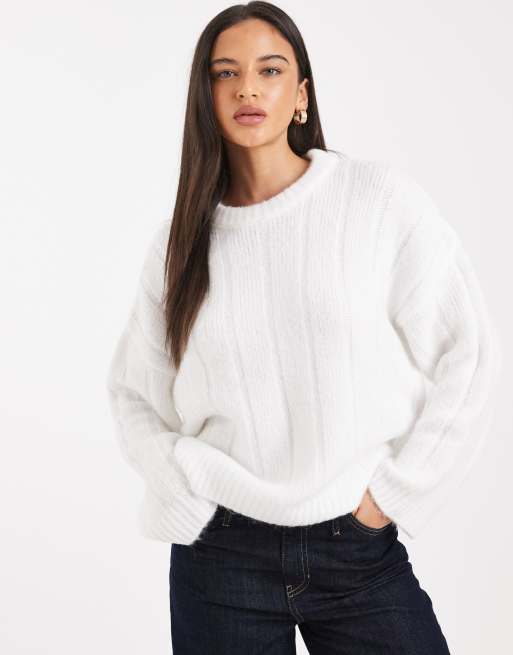 ASOS DESIGN oversized wide rib crew neck jumper with curved hem in cream