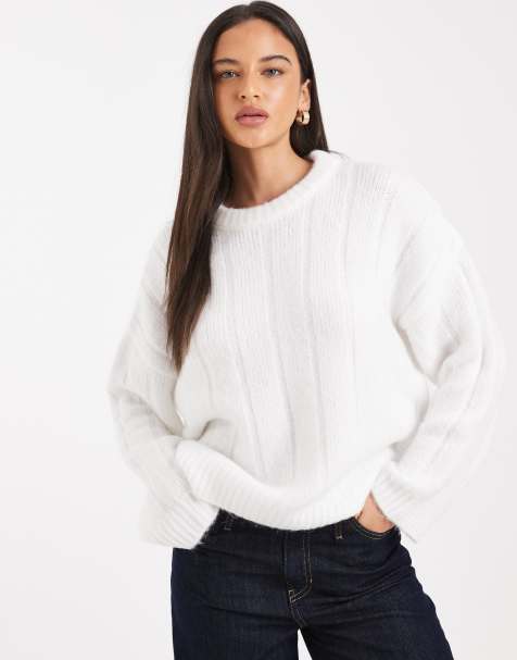 ASOS DESIGN oversized wide ribbed crew neck sweater with curved hem in cream - view 1
