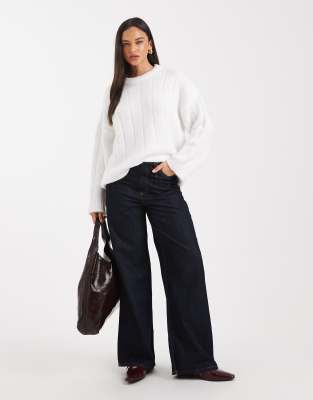 Asos Design Oversized Wide Ribbed Crew Neck Sweater With Curved Hem In White