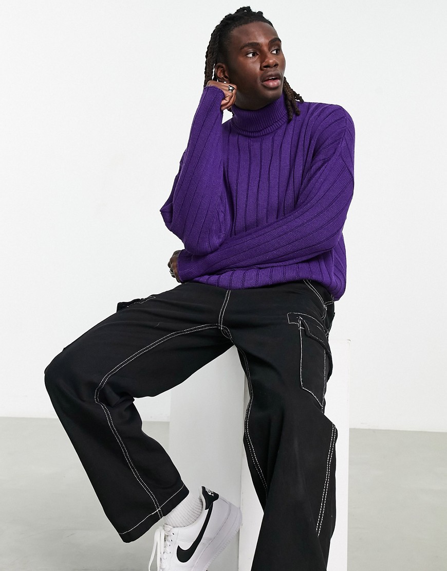 ASOS DESIGN oversized wide ribbed roll neck jumper in purple