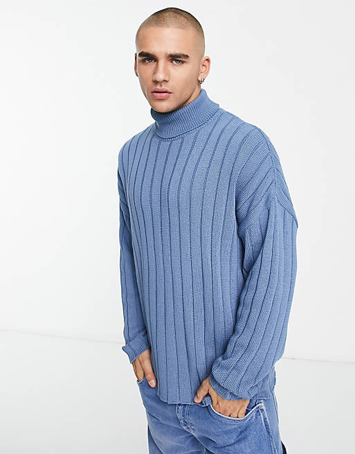 ASOS DESIGN oversized wide ribbed turtle neck sweater in blue