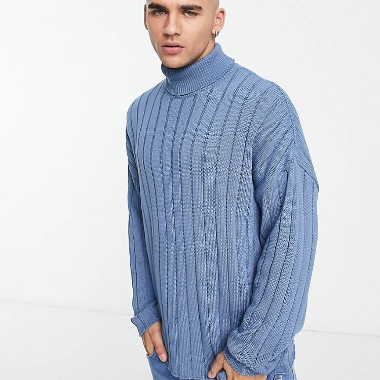 ASOS DESIGN oversized wide ribbed turtle neck sweater in blue | ASOS
