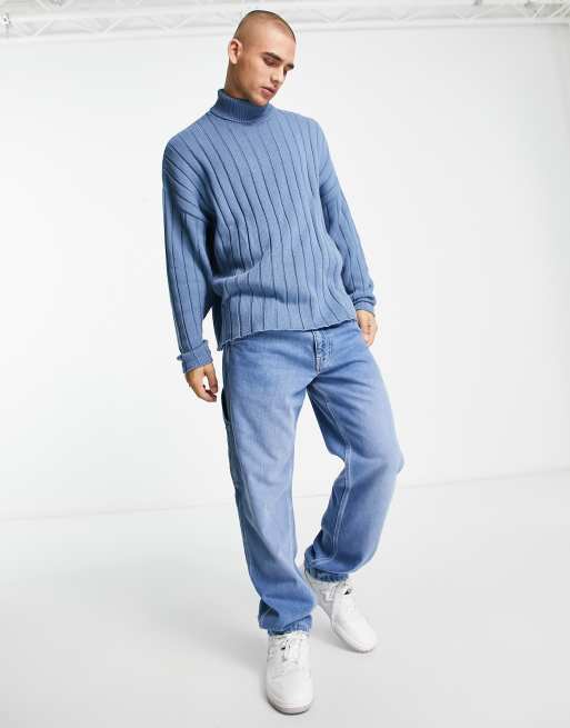 ASOS DESIGN oversized wide ribbed turtle neck sweater in blue