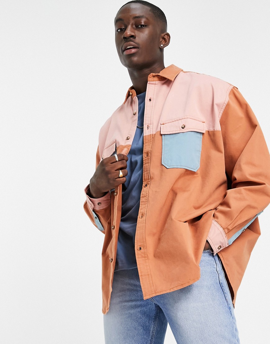 ASOS DESIGN oversized wide twill overshirt in colourblock-Brown