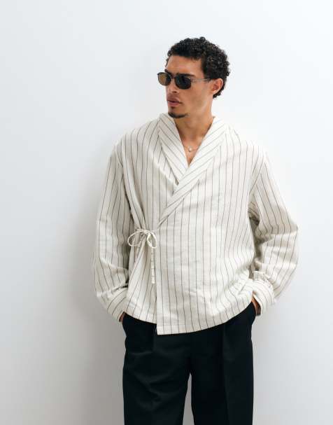 ASOS DESIGN oversized wikkeloverhemd met strikceintuur en strepen in linnenlook in ecru - view 1