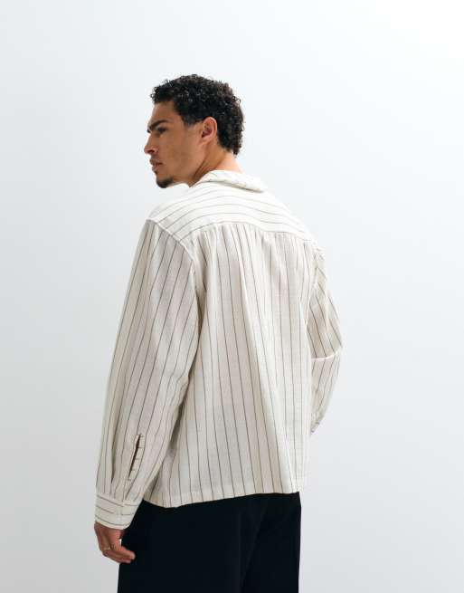 ASOS DESIGN oversized wikkeloverhemd met strikceintuur en strepen in linnenlook in ecru, 4 van 5