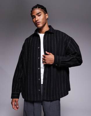 Asos Design Oversized Wool Blend Pinstriped Shirt In Black