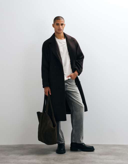 ASOS DESIGN oversized wool look belted overcoat in brown, 2 of 5