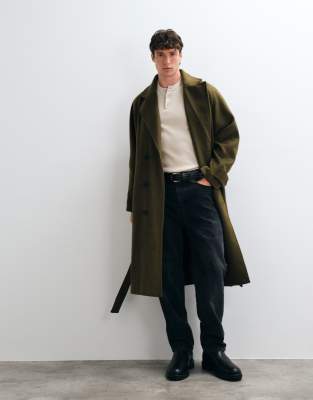 Asos Design Oversized Wool Look Belted Overcoat In Green