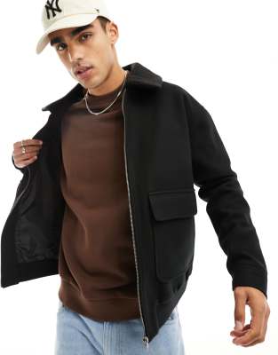 ASOS DESIGN oversized wool look bomber jacket with borg collar in black