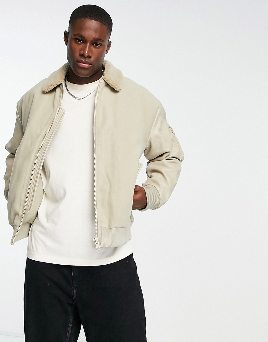 ASOS DESIGN oversized wool look bomber jacket with faux leather sleeves in beige-Neutral