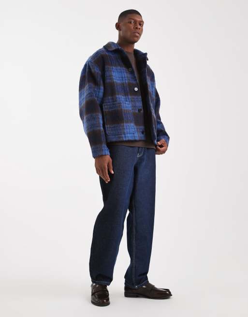 ASOS DESIGN oversized wool look check jacket in blue | ASOS