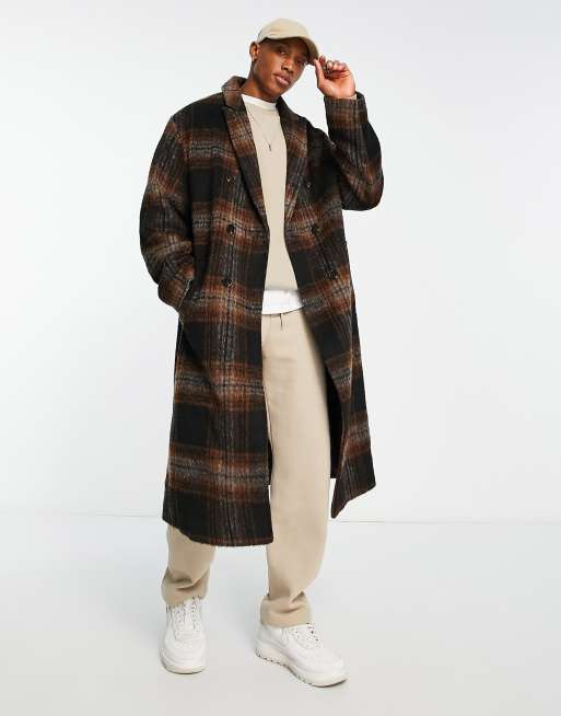 Wool Look Check Long Overcoat With Belt