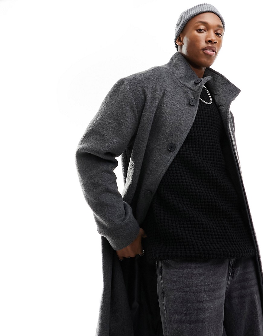 oversized wool look coat with funnel neck in gray