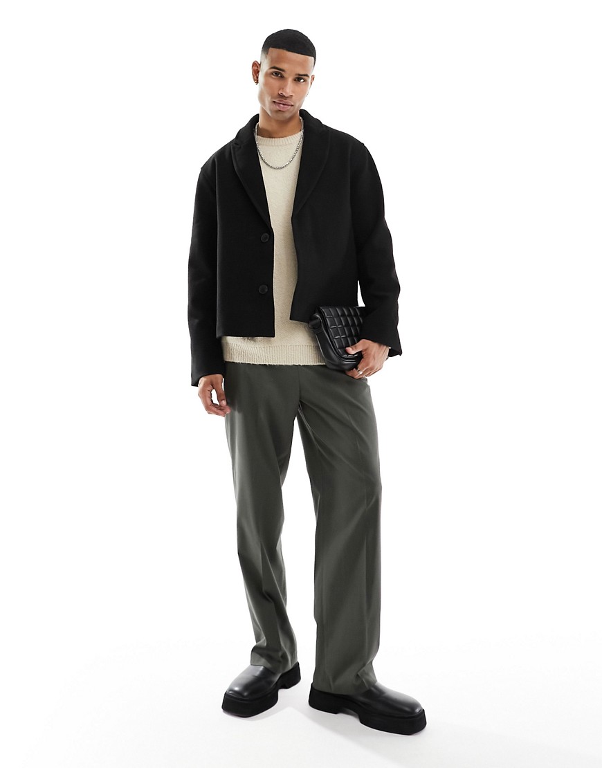 Asos Design Oversized Wool Look Cropped Blazer Jacket-black