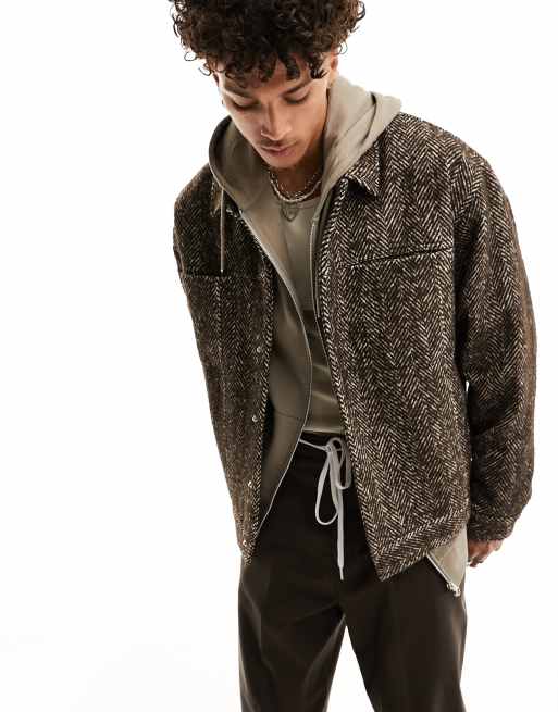 ASOS DESIGN oversized wool look harrington jacket in brown texture