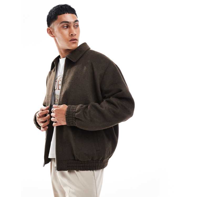 ASOS DESIGN oversized wool look harrington jacket in brown | ASOS