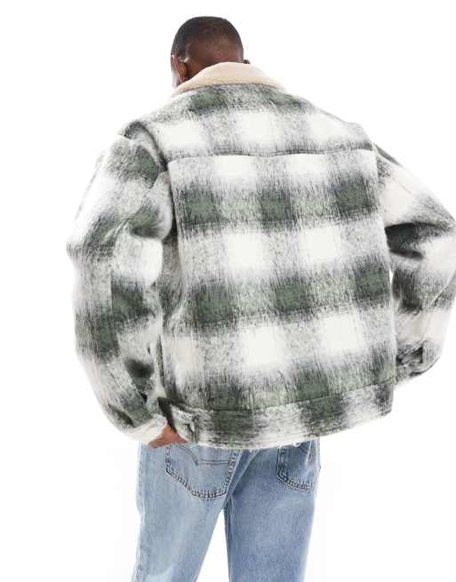ASOS DESIGN oversized wool look harrington jacket in green check with borg collar, 4 of 4