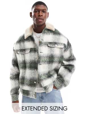 oversized wool look harrington jacket in green plaid with borg collar