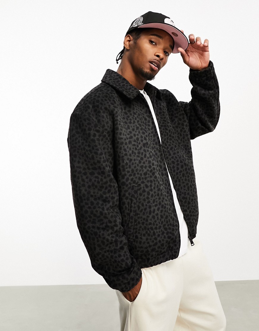 ASOS DESIGN oversized wool look harrington jacket in grey leopard print-Green