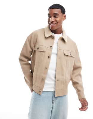 ASOS DESIGN ASOS DESIGN oversized wool look harrington jacket in stone with borg collar-Neutral