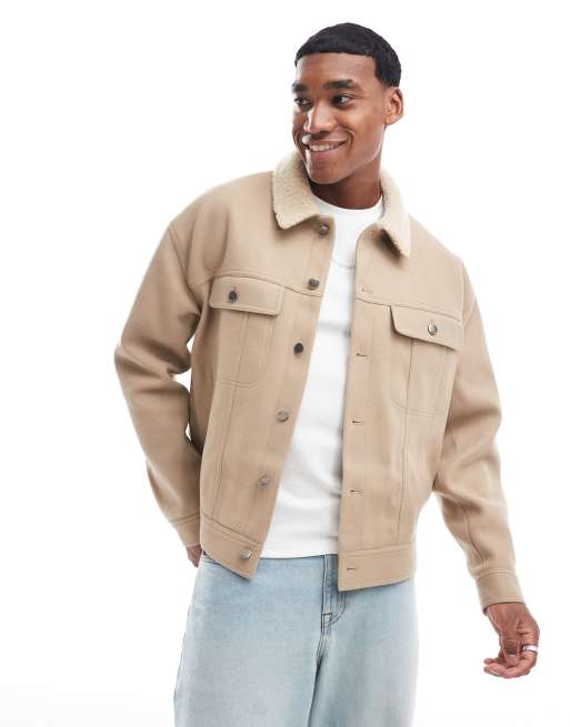 ASOS DESIGN oversized wool look harrington jacket in stone with borg collar ASOS