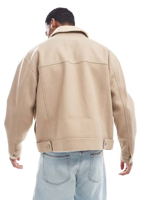 ASOS DESIGN oversized wool look harrington jacket in stone with