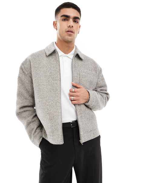 ASOS DESIGN oversized wool look harrington jacket with herringbone in grey - view 1