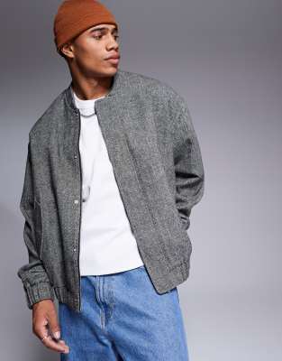 Asos Design Oversized Wool Look Herringbone Bomber Jacket In Black