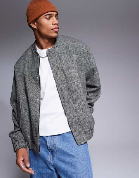 ASOS DESIGN oversized wool look herringbone bomber jacket in black - view 1