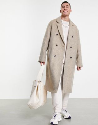 ASOS DESIGN oversized wool look overcoat in beige herringbone