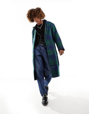 Asos Design Oversized Wool Look Overcoat In Green And Blue Check