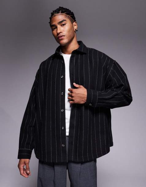 ASOS DESIGN oversized wool look pinstripe shirt in charcoal - view 1