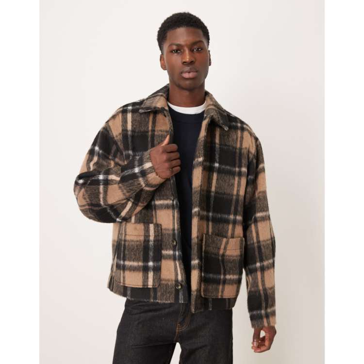 ASOS DESIGN oversized wool look plaid jacket in tan | ASOS