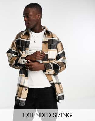 ASOS DESIGN oversized wool look shacket in beige check | ASOS